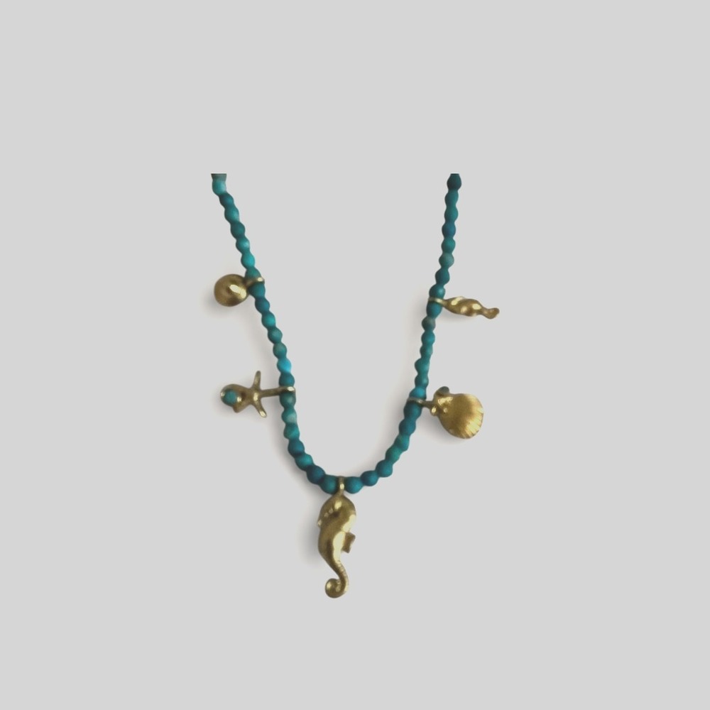 Turquoise Beaded Necklace‎ 925 Gold Vermeil Seahorse Starfish Shell Charms 16"